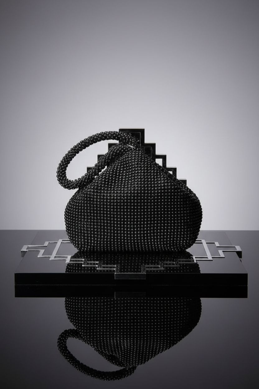 Refined black beaded clutch by BABEYOND showcased on a glossy surface.