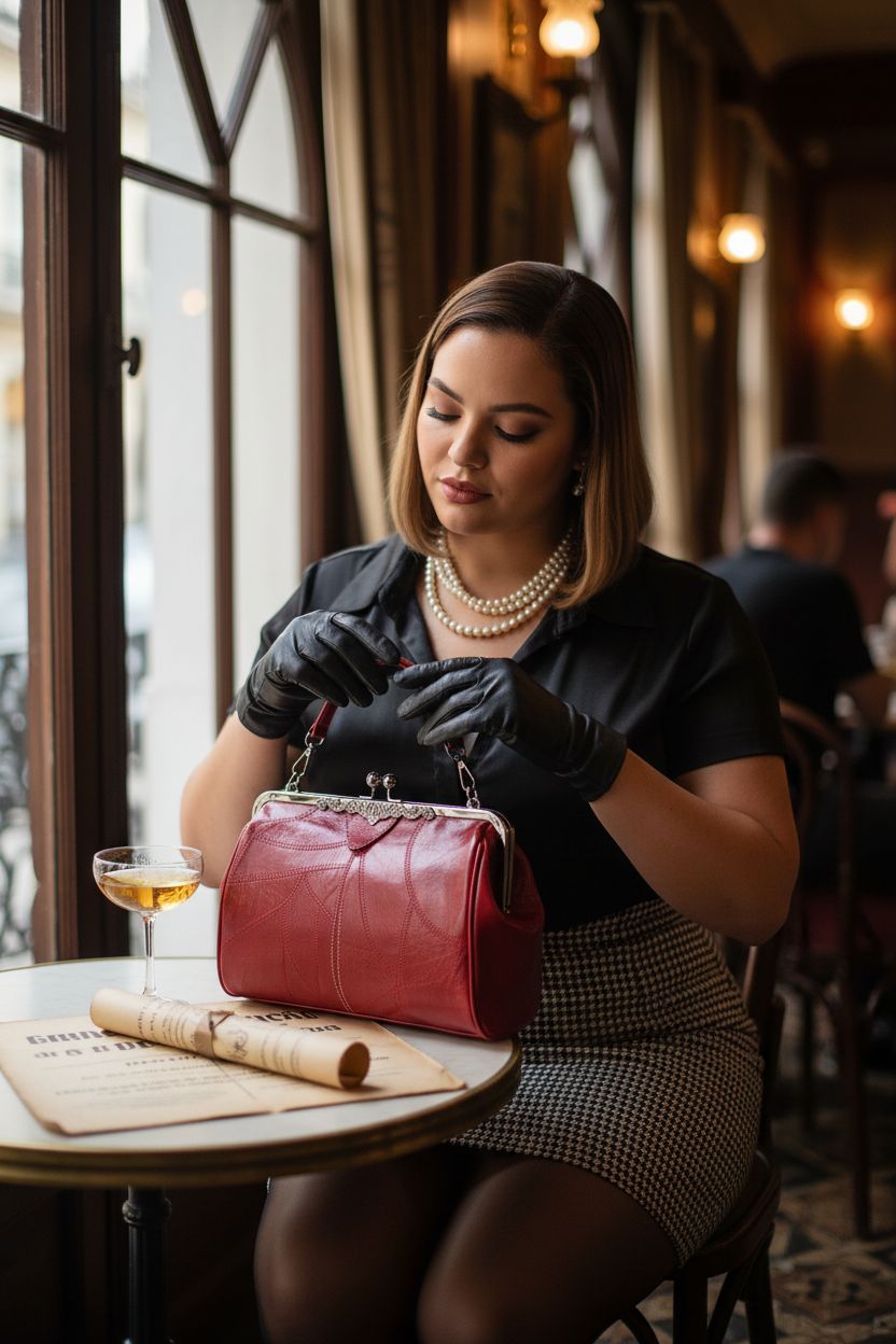 Wine red 1930s vintage hollow handbag by Wivmypog, styled with a bistro setting.