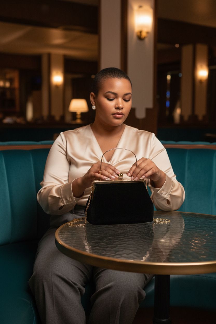 OYOANGLE black kiss lock handbag displayed in a chic deco lounge setting