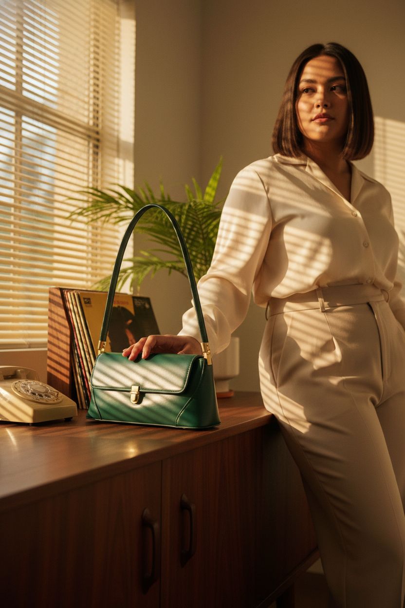 WSRYDJDL vintage green hobo bag showcased in a cozy mid-century living room.
