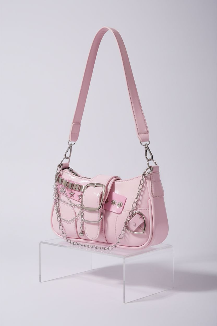 Close-up of Verdusa Women's pink Y2K hobo bag highlighting star embroidery and chain detail.