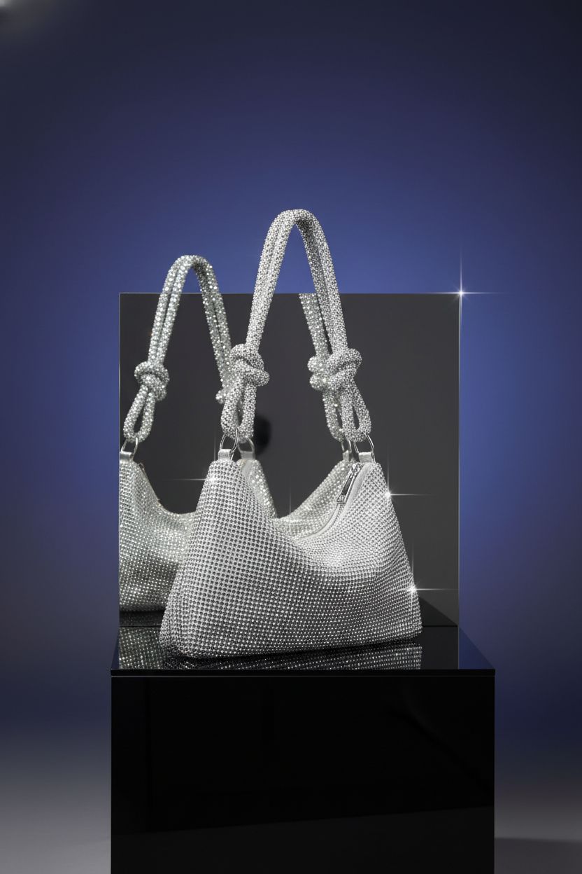 QLBO silver rhinestone purse showcased on a sleek black riser with mirrored accents