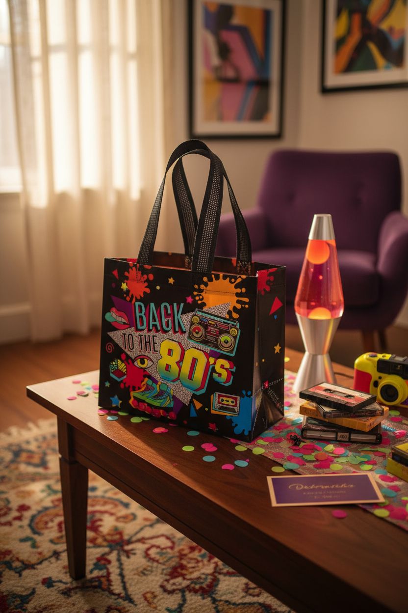 Blosssound 80s tote bag on a retro coffee table with neon decor