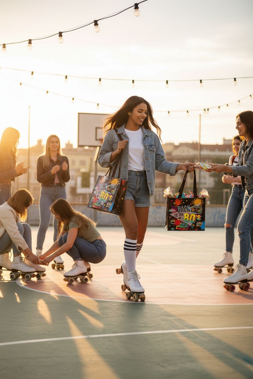Blosssound 80s party favor bag in neon print at a retro roller-disco event