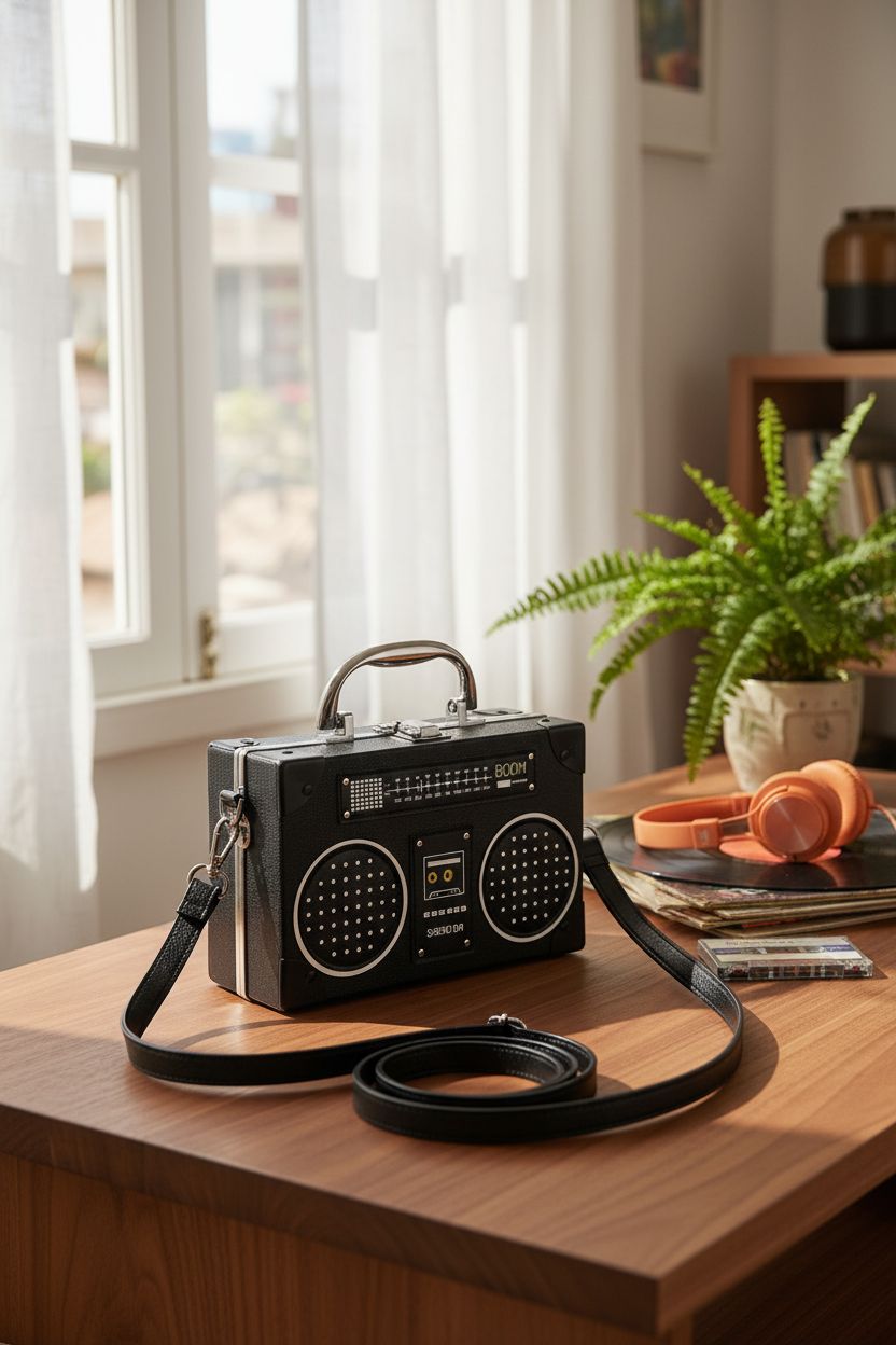TAMMYFLYFLY black boombox bag on a cozy coffee table with retro decor, perfect for 80s enthusiasts.
