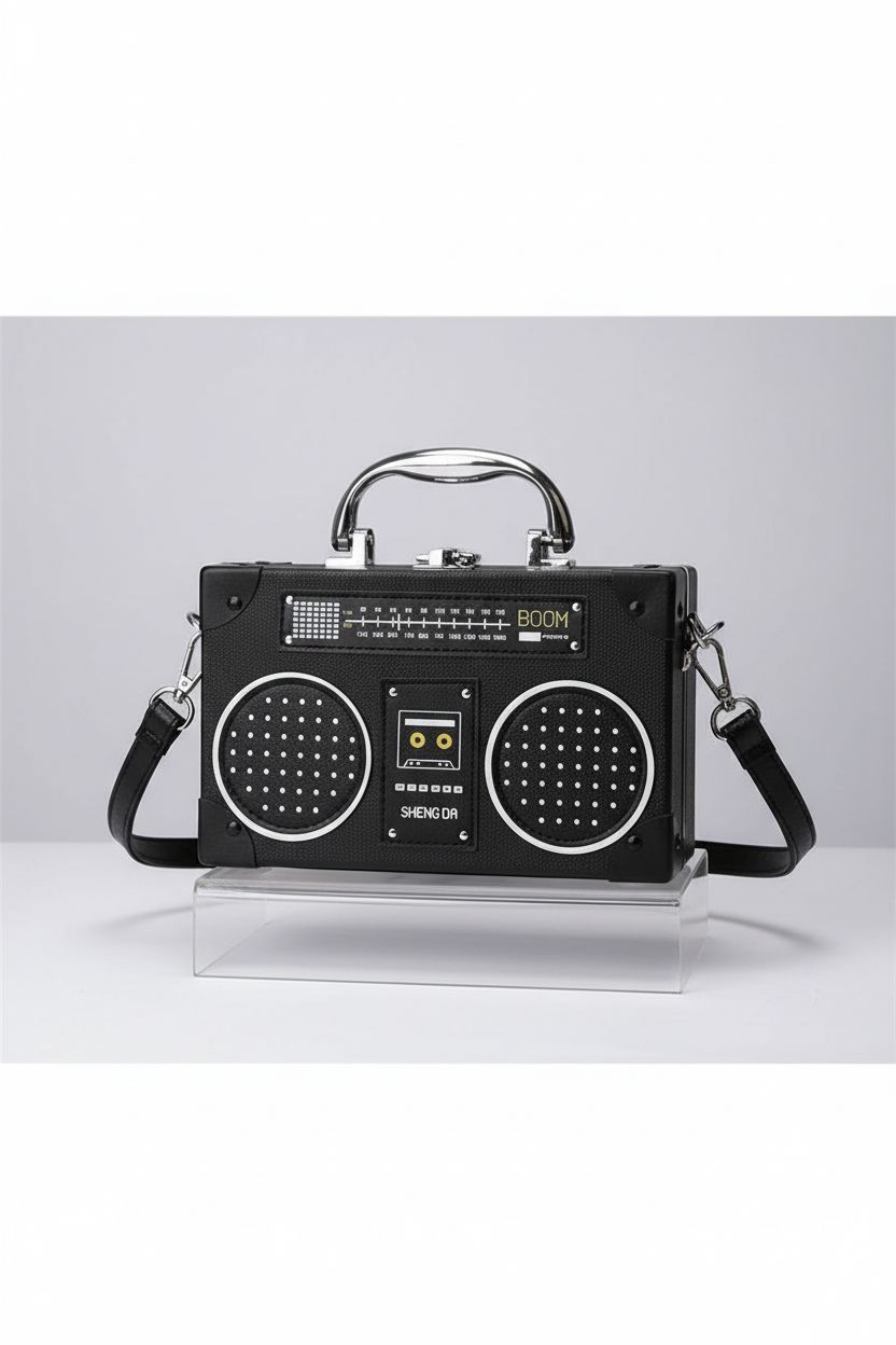 Close-up of TAMMYFLYFLY radio-face handbag showcasing detail and design for 80s fashion lovers.