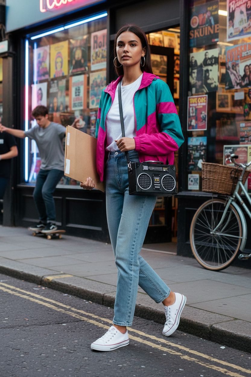 TAMMYFLYFLY black radio-shaped crossbody bag styled with 80s fashion on a neon street.