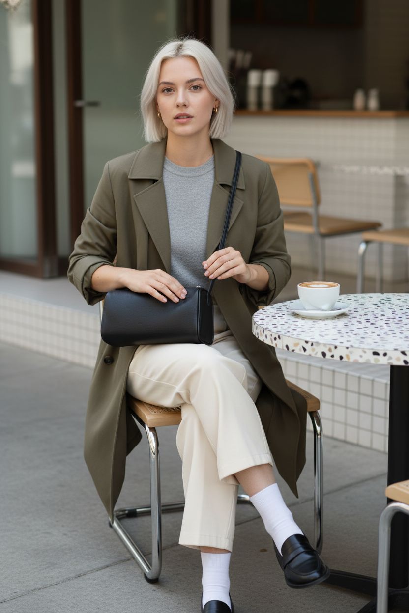 DONNAIN black barrel hobo bag on lap beside cappuccino at a minimalist café