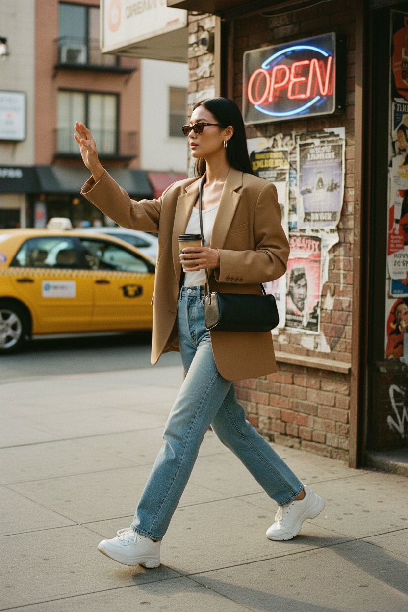 DONNAIN black barrel hobo bag worn crossbody against a vibrant city backdrop