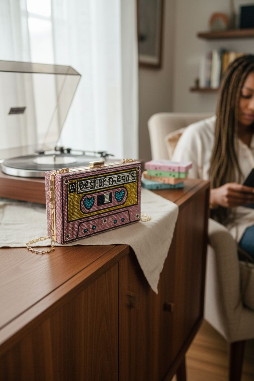 Renabro pink rhinestone cassette clutch bag displayed on a warm walnut credenza
