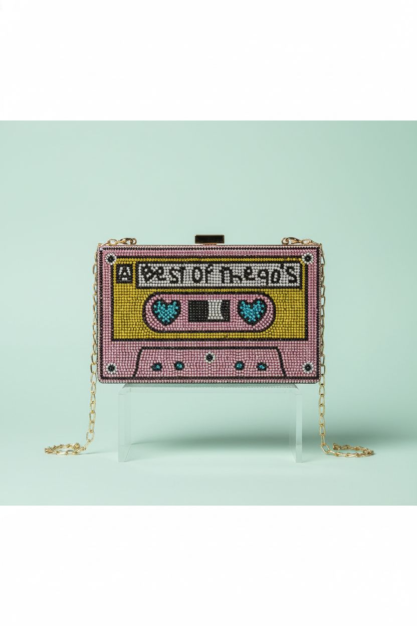 Renabro pink rhinestone cassette clutch bag showcased on a mint backdrop
