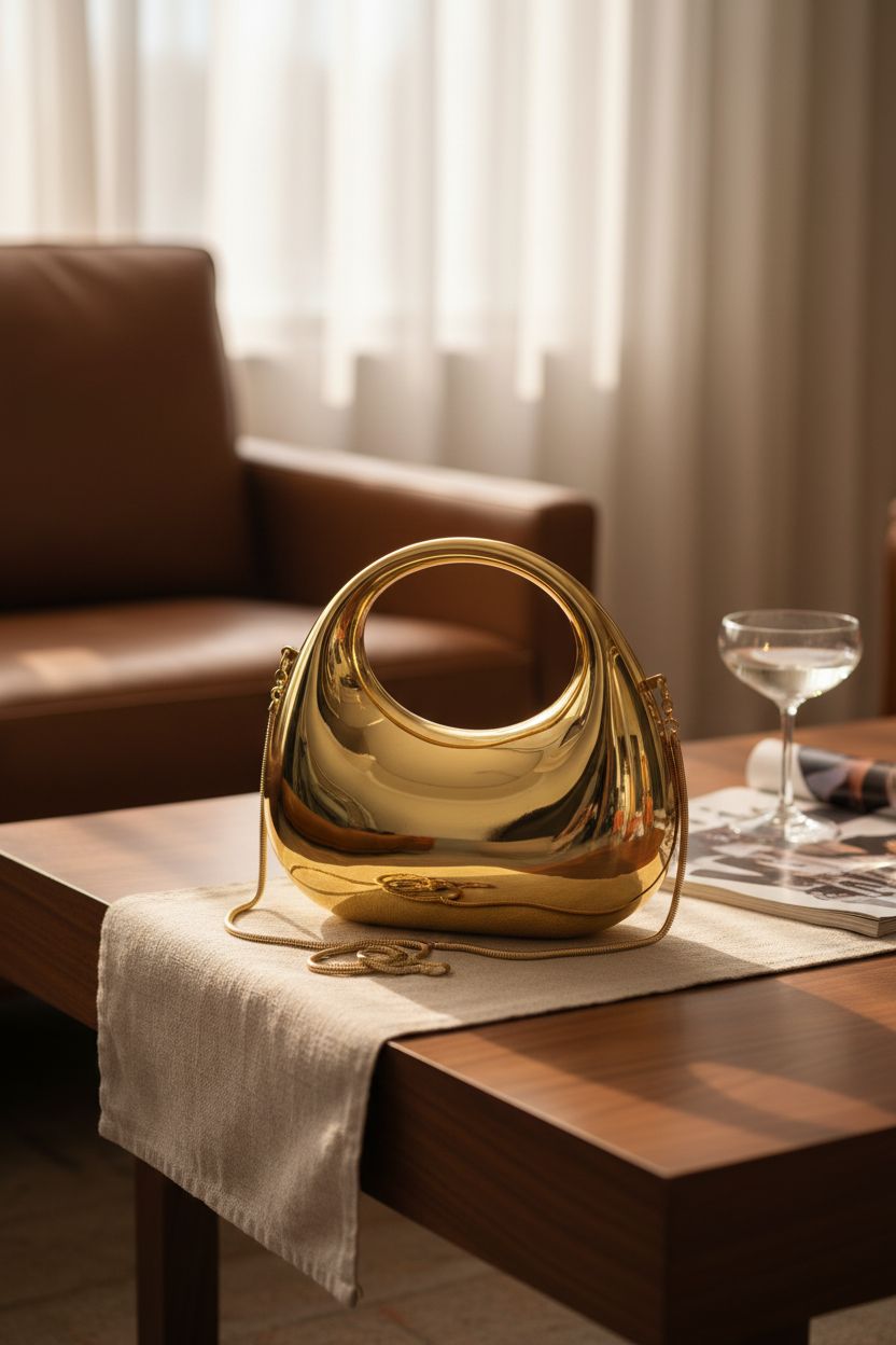 GSYPS gold moon-shaped acrylic clutch on a coffee table in a boutique hotel, showcasing elegance.