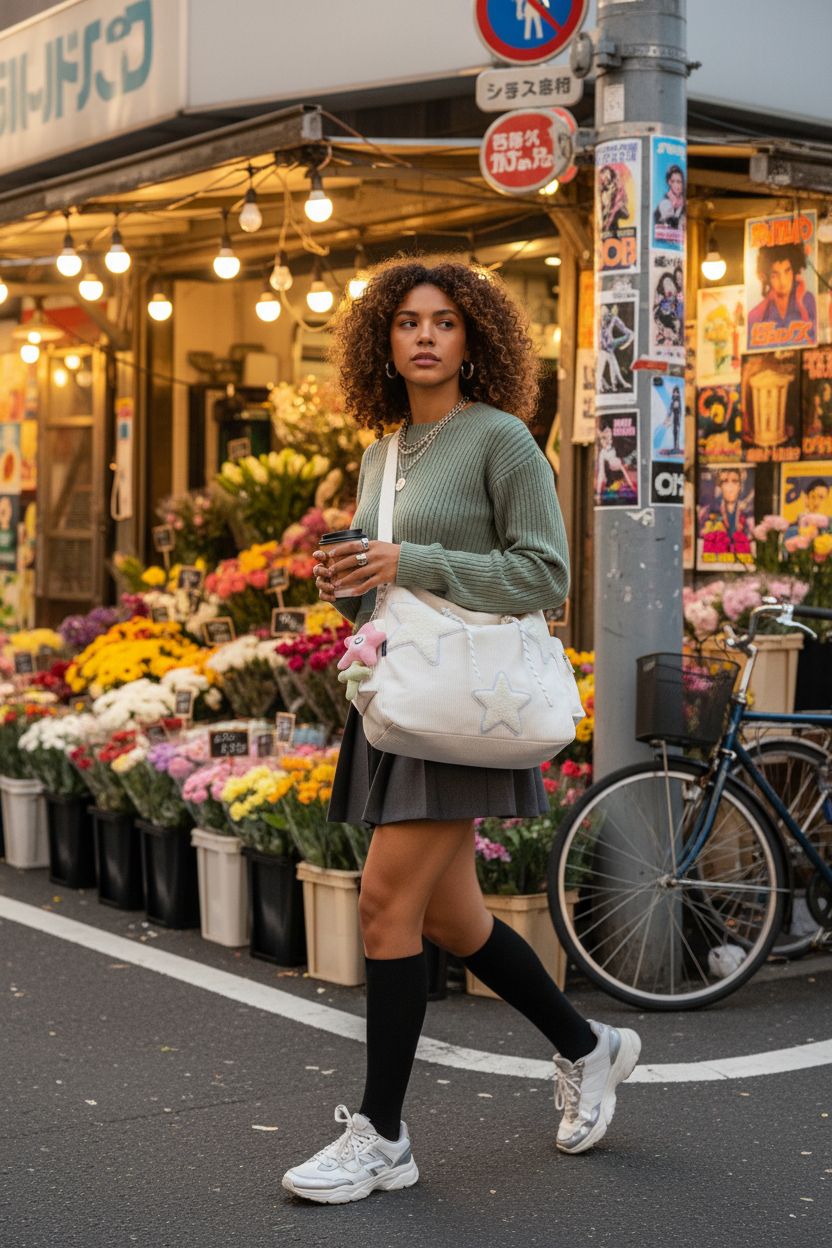 KAMEILONG Star Crossbody Bag in white corduroy, styled for a Y2K aesthetic in a vibrant market setting.