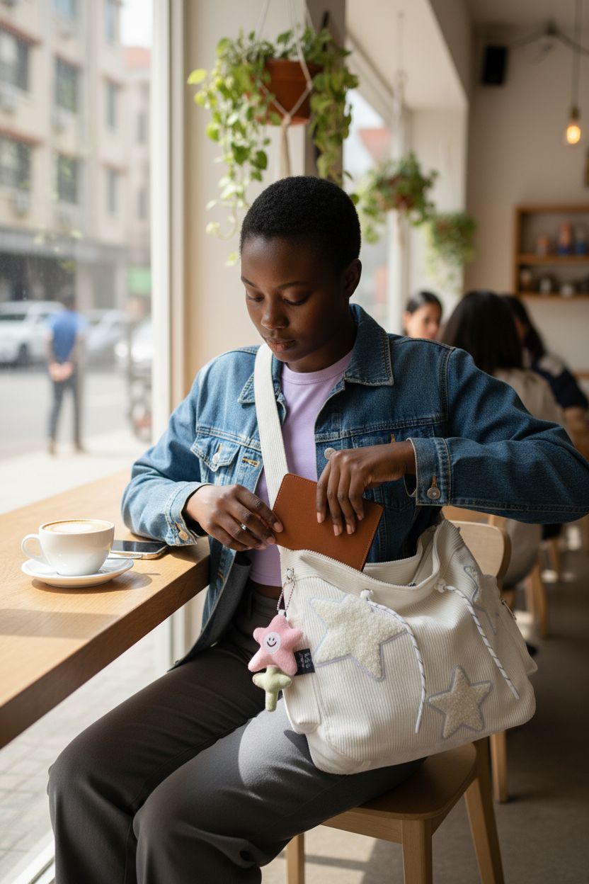KAMEILONG Star Crossbody Bag in white corduroy, showcased in a cozy café with a notebook and latte.