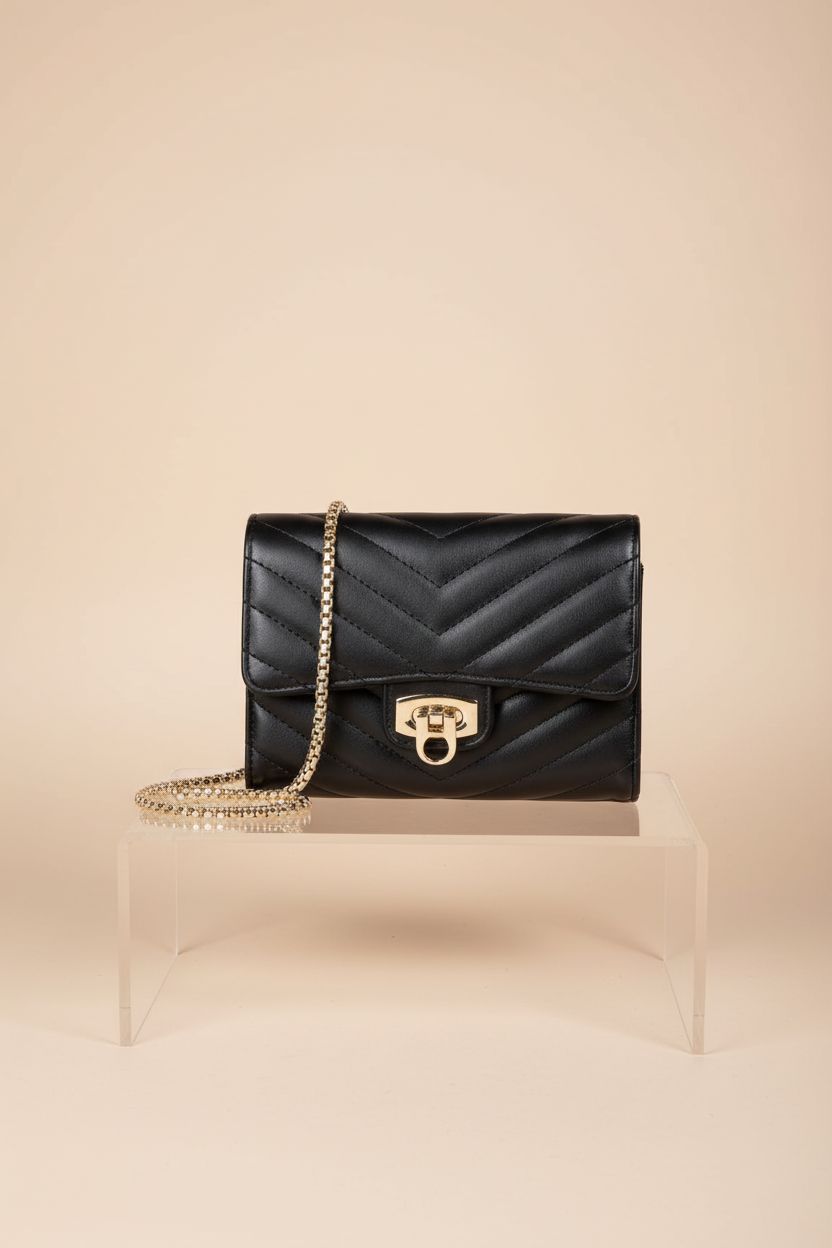 YAZEKOUS black quilted crossbody bag displayed elegantly on a riser, highlighting its luxurious design.