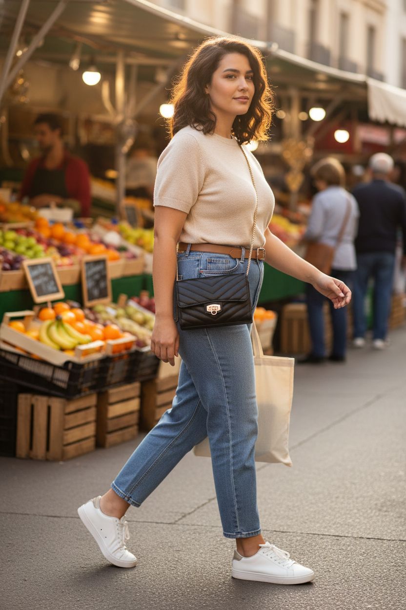 YAZEKOUS black quilted crossbody bag on display at a vibrant market, showcasing style and functionality.