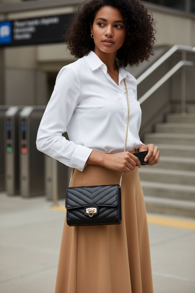 Close-up of YAZEKOUS compact black crossbody bag with card slots, perfect for busy commuters.