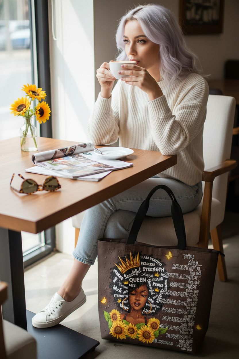 Foinior African American tote bag, elegantly placed in a sunny café setting with a latte and flowers.