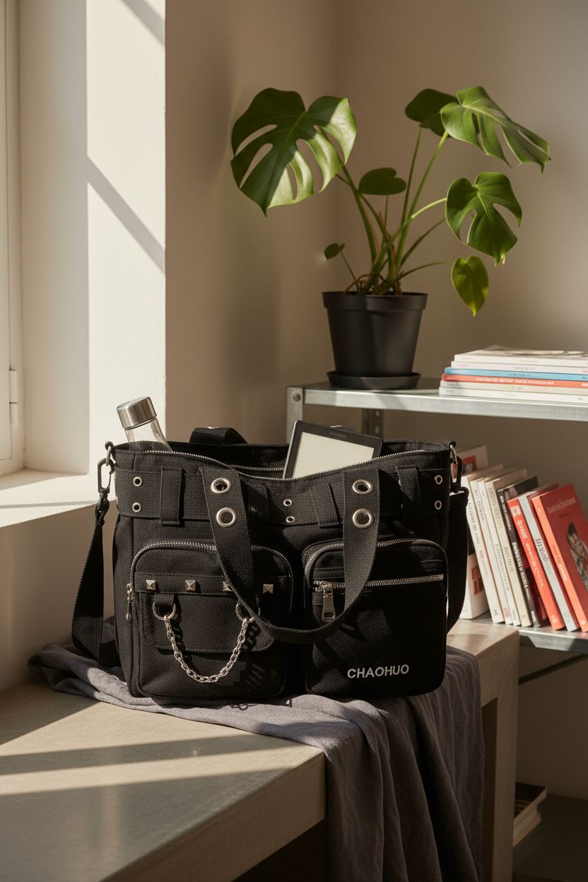 Makukke Y2K Tote Bag on a cozy concrete bench, surrounded by creative decor.