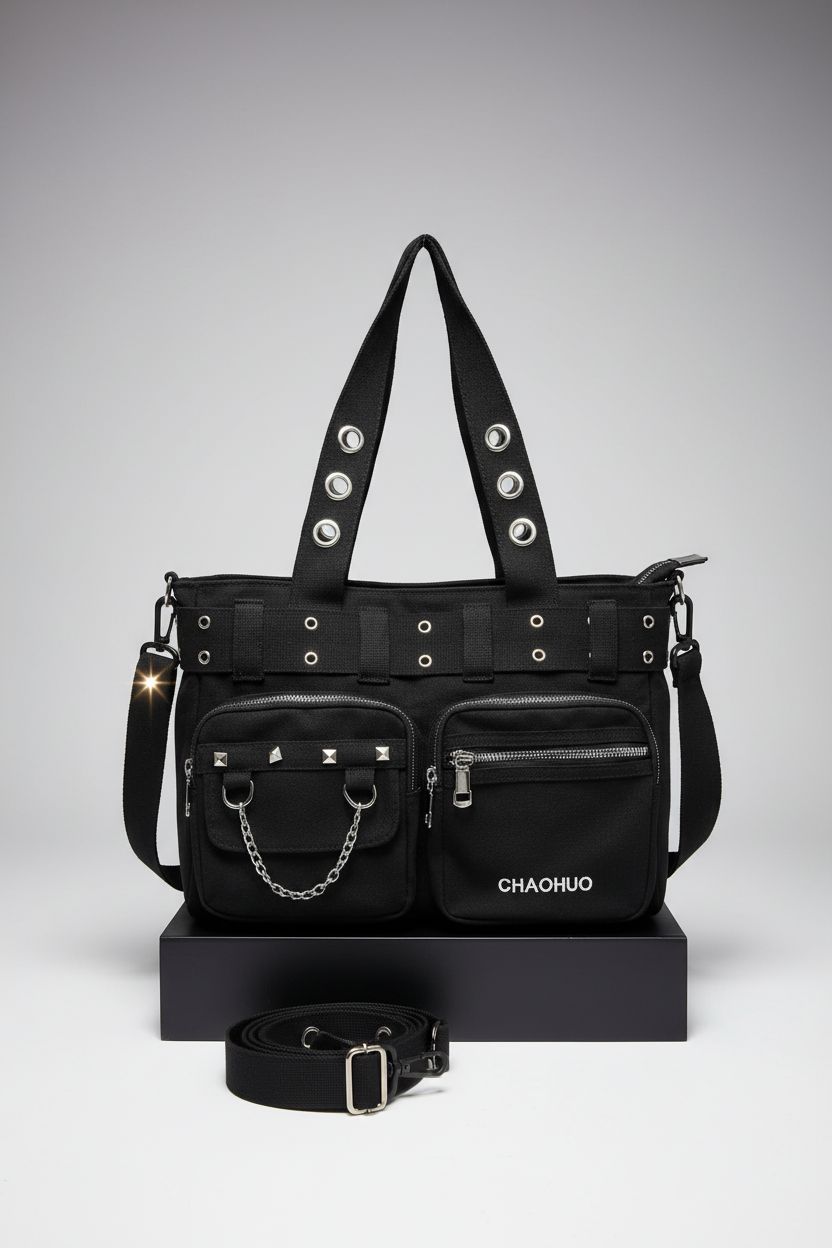 Makukke Y2K Tote Bag displayed on a minimal riser, showcasing its canvas quality.