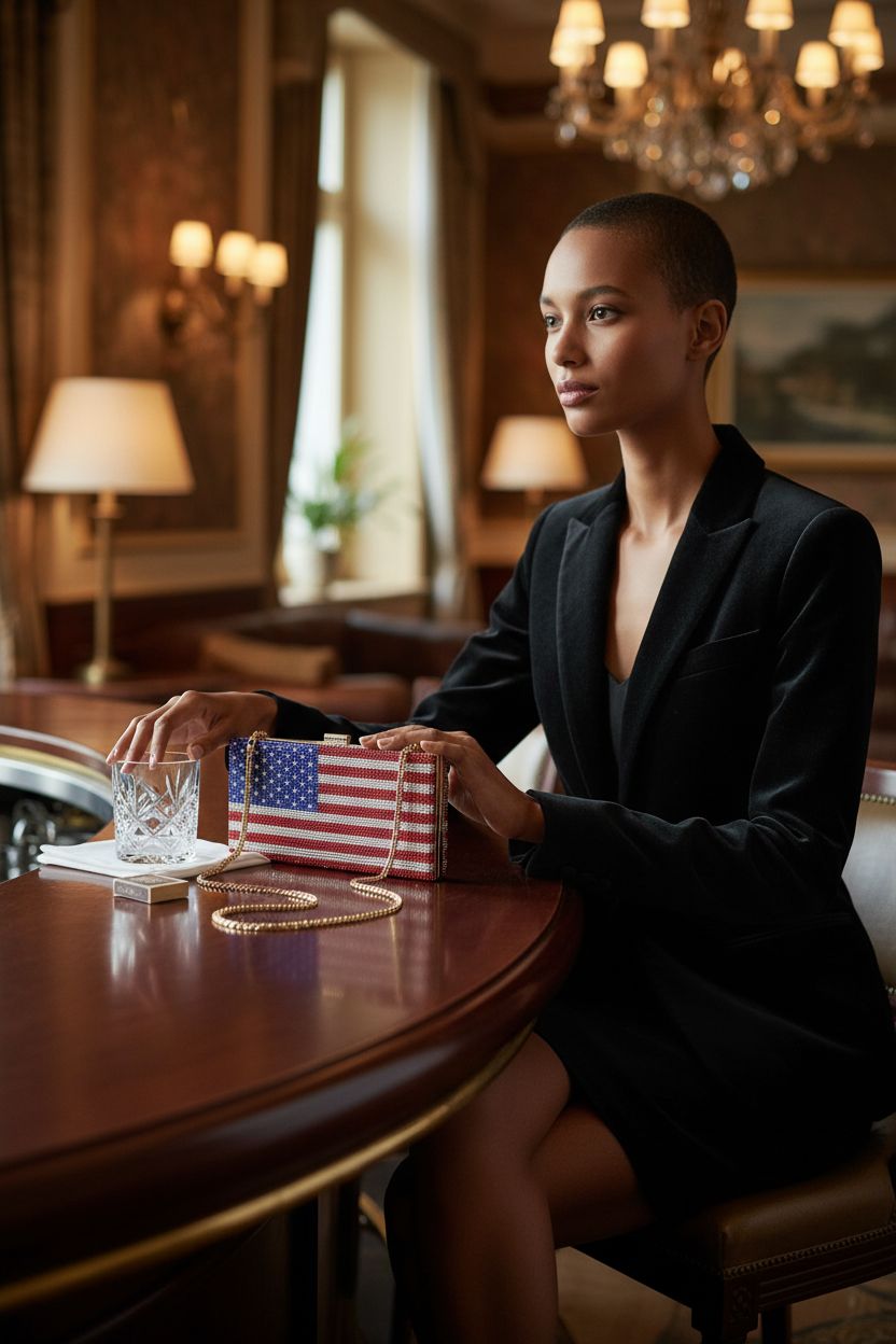 Elegant QMLGB American flag rhinestone purse resting in a luxurious lounge, highlighting its exquisite design.