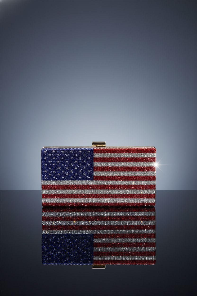 QMLGB American flag rhinestone clutch displayed on a glossy surface, showcasing its premium craftsmanship and design.