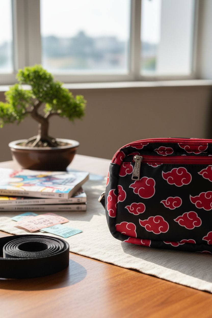 Loungefly Naruto Akatsuki Sling Bag resting on a desk beside manga and a bonsai plant.