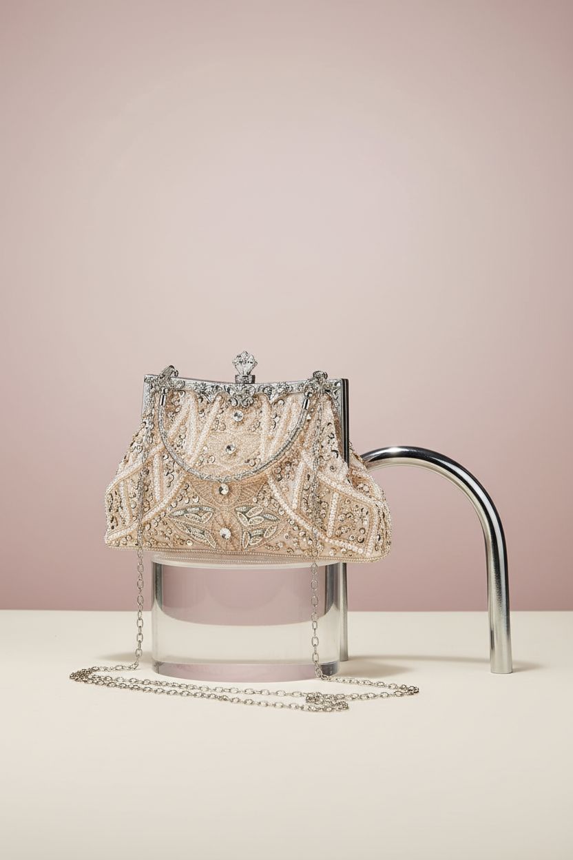 Amylove light pink beaded clutch on a minimalist set, highlighting its elegant design.