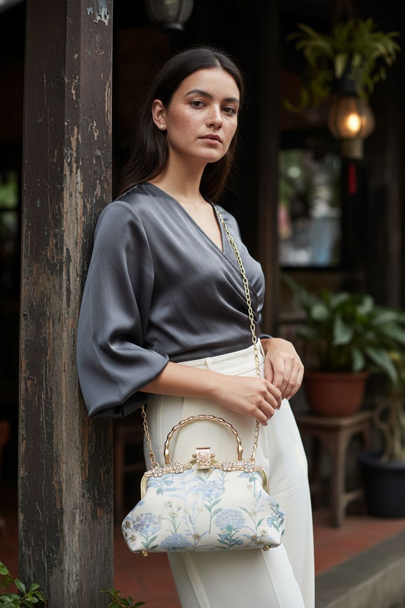 YeBon antique purse with ornate handle and chain, styled with a silk blouse, showcasing its elegance.