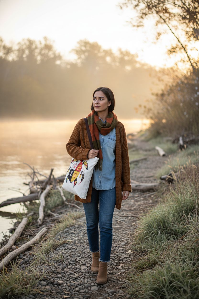 White Medicine Wheel turtle tote bag on riverside path, showcasing vibrant graphic design.