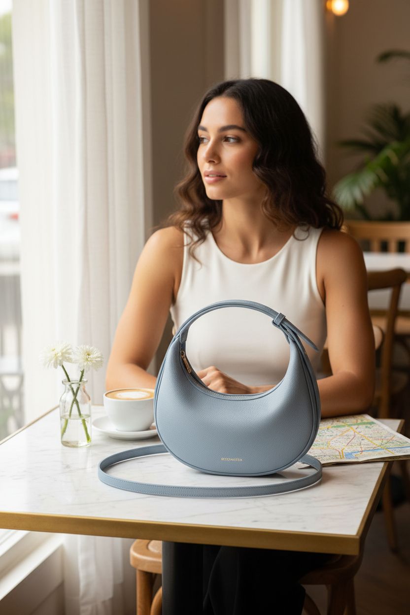 BOSTANTEN baby blue crescent bag on a marble café table beside a cappuccino and flowers.