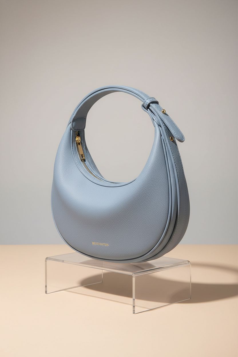 BOSTANTEN baby blue crescent bag on an acrylic riser, showcasing its vegan leather and design.