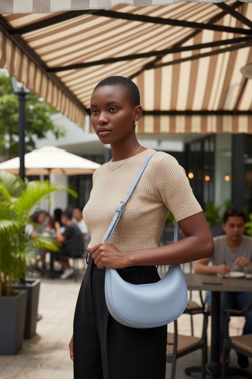 BOSTANTEN vegan leather baby blue purse showcased outdoors at a café, highlighting its design.