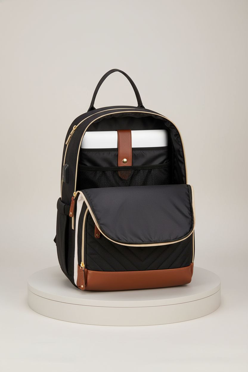 Product shot of bagswan laptop backpack, highlighting anti-theft features and spacious compartments.