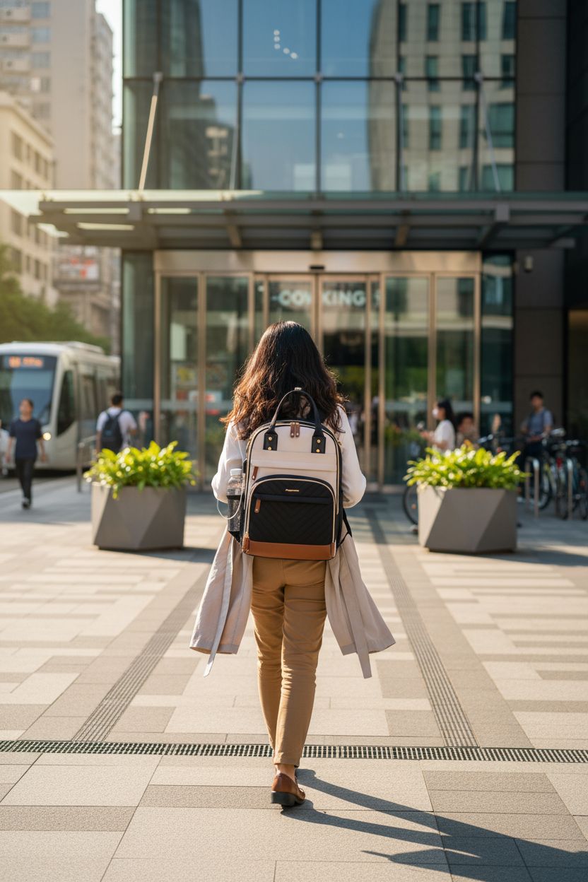 Beige and black laptop backpack on shoulders, ideal for daily commuting and casual outings.