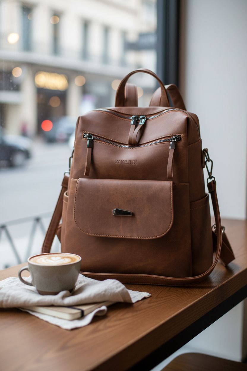 WYFJNX brown backpack purse on a café table next to a latte and notebook, showcasing cozy style.