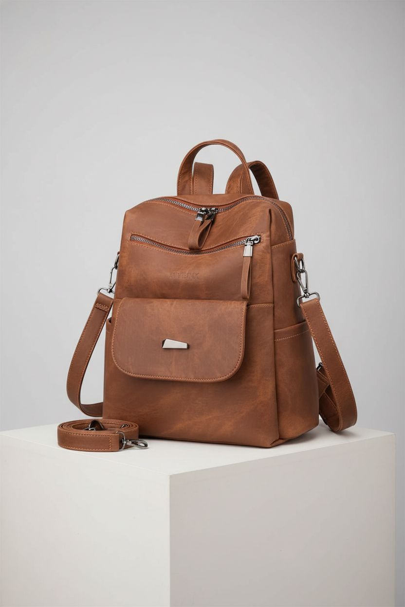 WYFJNX brown PU leather backpack purse displayed on a cube, highlighting its craftsmanship and design.