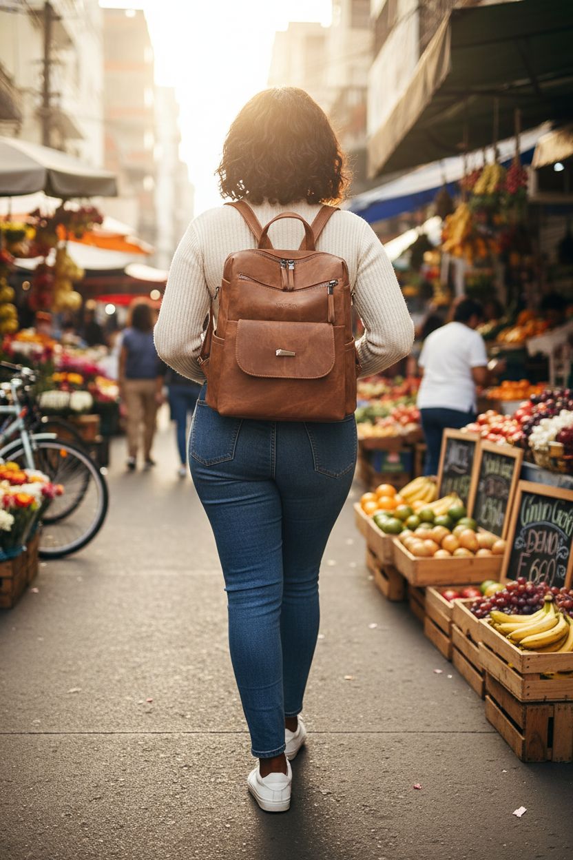 WYFJNX brown backpack purse worn in market setting, showcasing versatility and style.