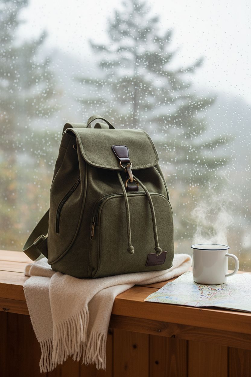 Qyoubi green canvas backpack purse resting on a wooden bench, creating a cozy rainy day vibe with warm elements.