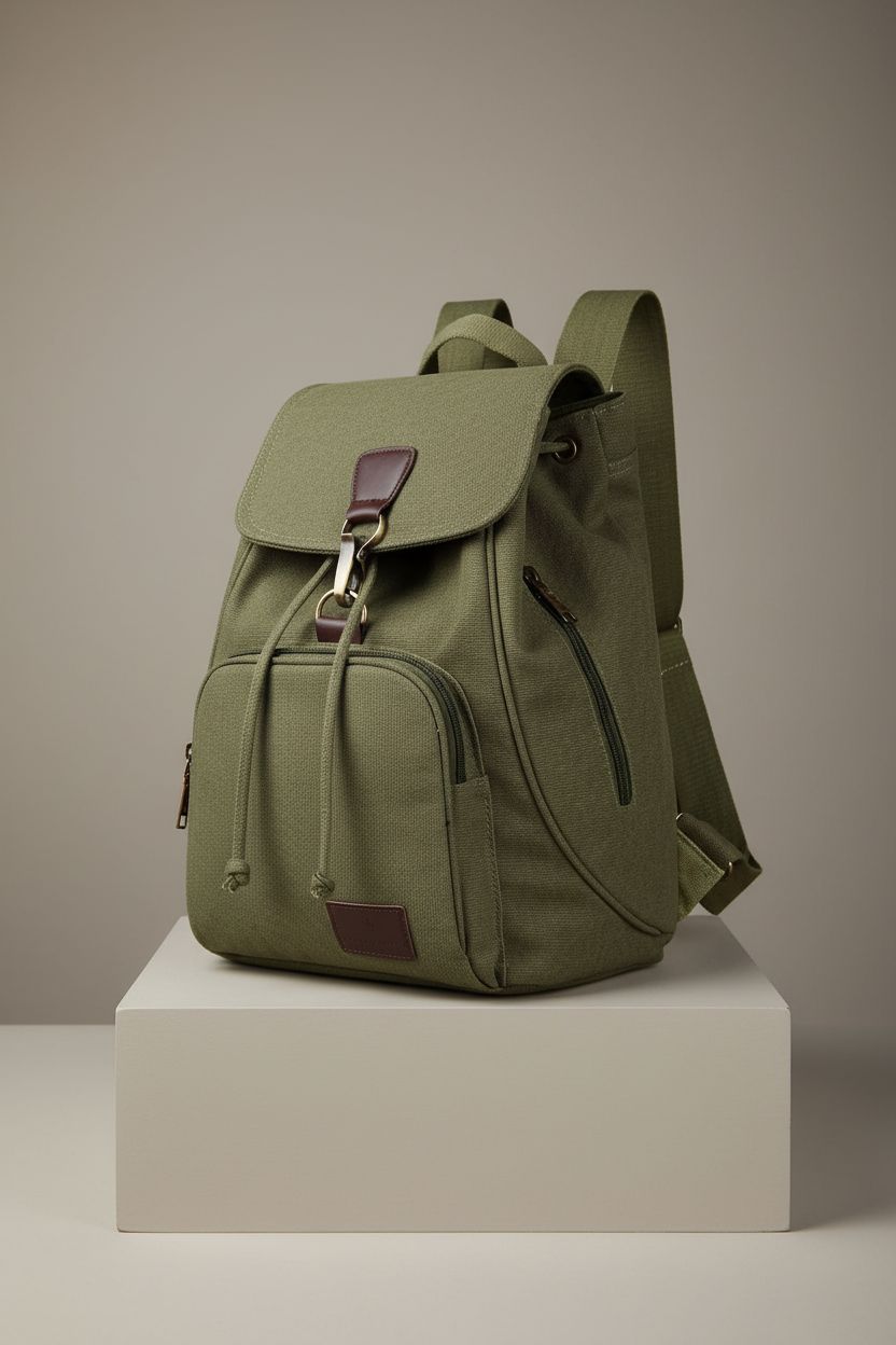 Premium Qyoubi green canvas backpack purse showcased on a pedestal, emphasizing its quality and stylish design.