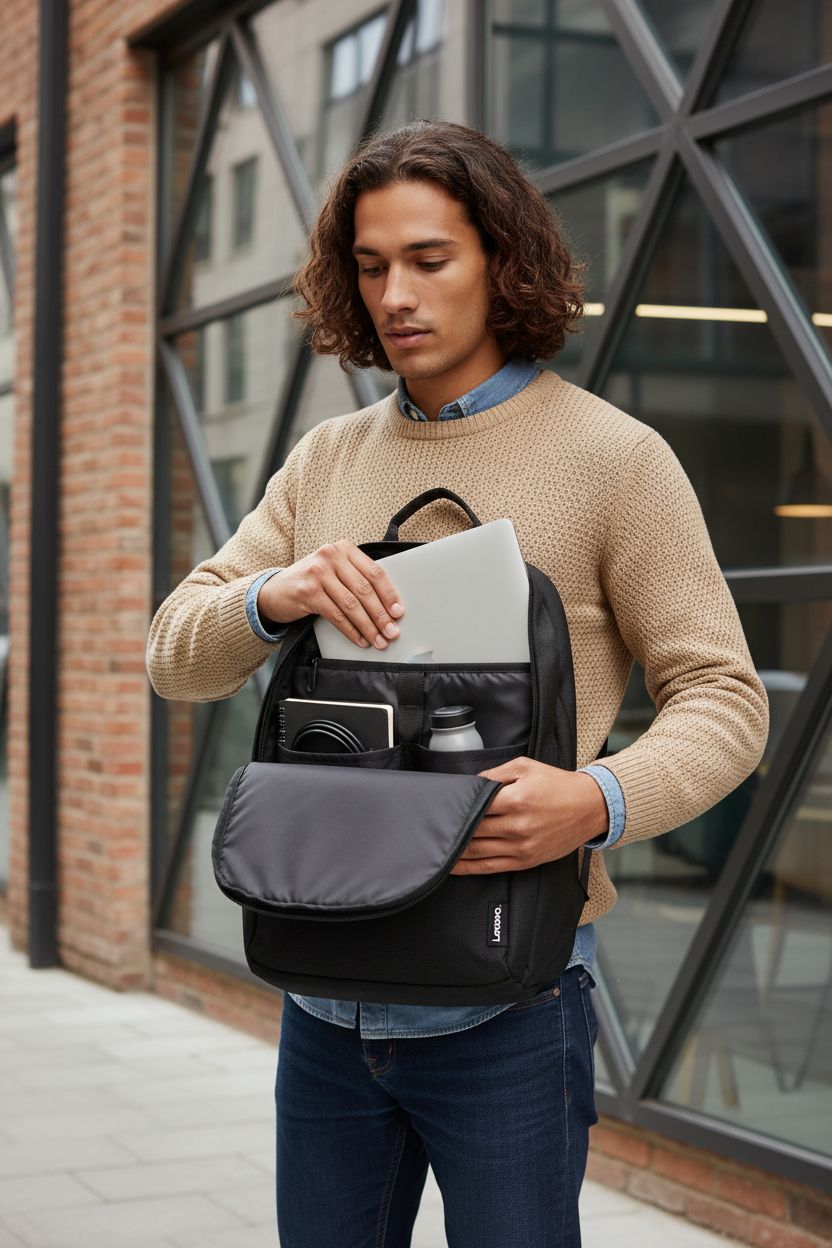 Professional using Lenovo 16” ECO Laptop Backpack, highlighting its padded compartment and recycled material.