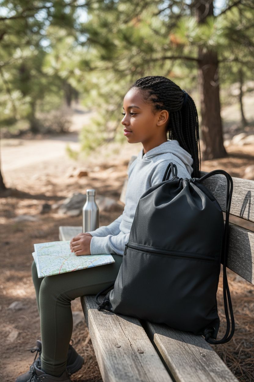 HOLYLUCK black drawstring backpack resting on a bench with trail map and water bottle.