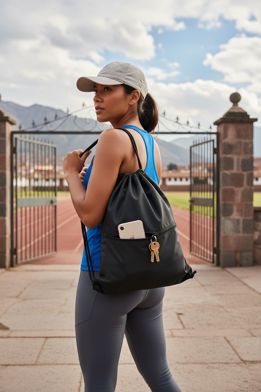 HOLYLUCK black drawstring backpack bag at outdoor track, showcasing front zipper pocket.