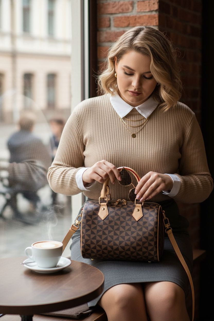 LEIDAXIA dark brown barrel purse with gold hardware in a cozy café setting