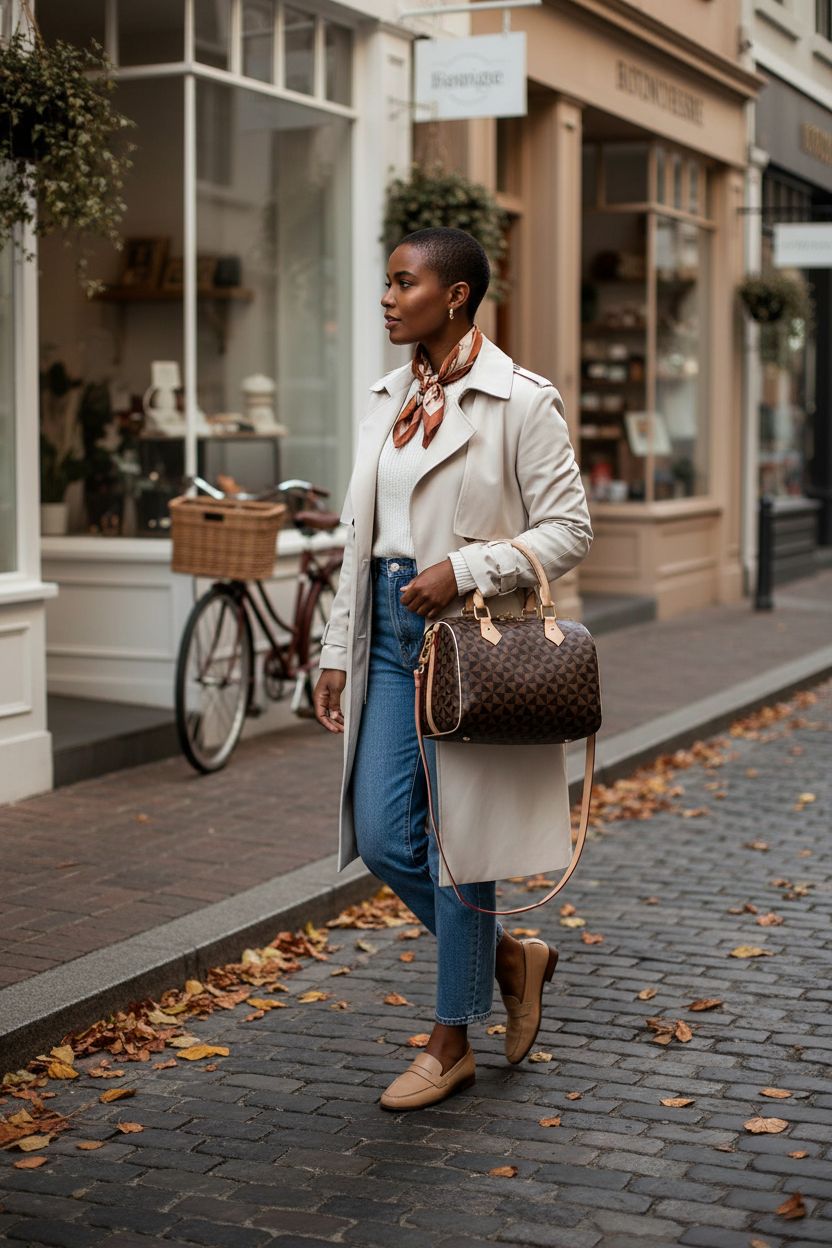 LEIDAXIA dark brown barrel purse in an urban setting with boutiques and fallen leaves