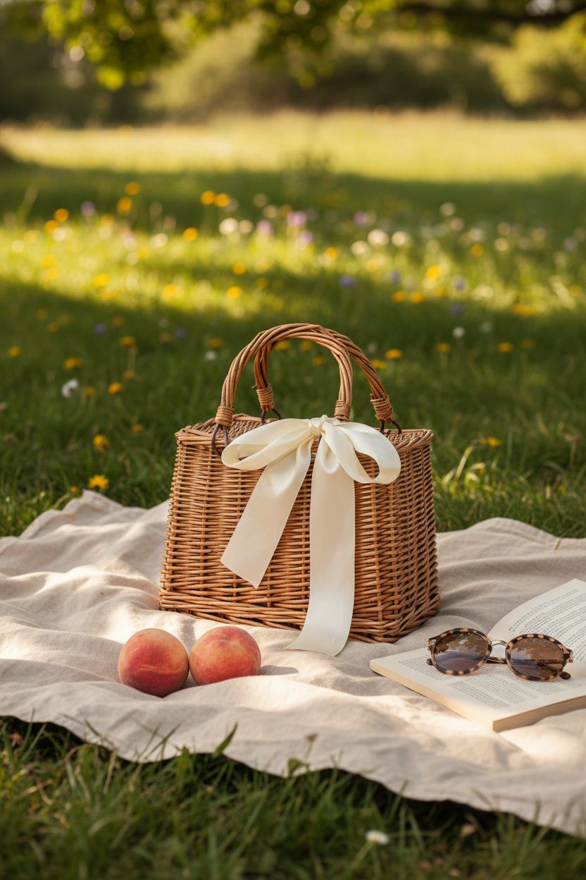 YMhoart woven wicker purse on a linen throw, surrounded by picnic essentials in a botanical garden.