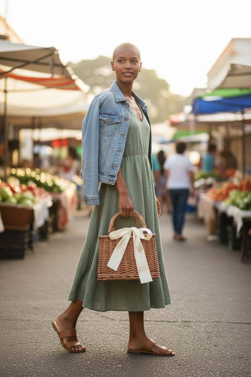 YMhoart rattan basket bag with cream bow, ideal for farmers' markets, elegantly hanging from an arm.