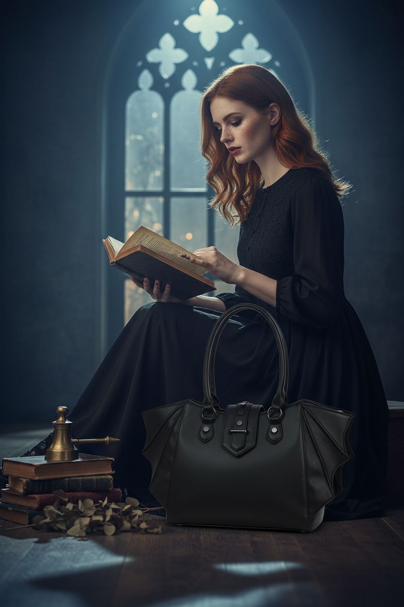 Lost Queen bat purse beside books in a cozy reading nook, highlighting its gothic charm.