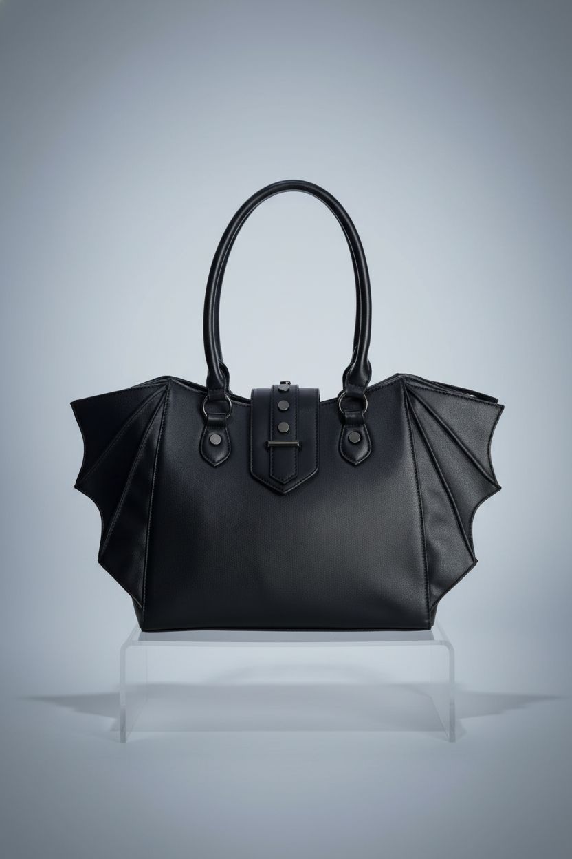 Lost Queen bat purse displayed on a clear riser, showcasing its vegan leather and design details.