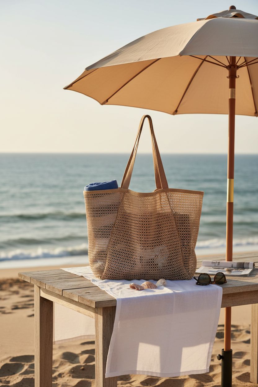 HOHOM beach tote displayed on a picnic table with seashells and sunglasses